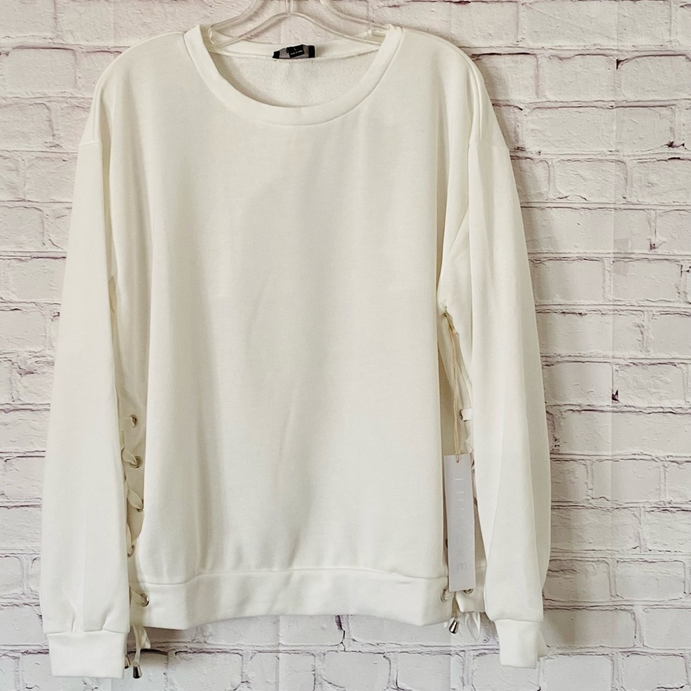 LUMIERE LACE UP SIDES IVORY LONG SLEEVE POLYESTER SWEATSHIRT SIZE LARGE